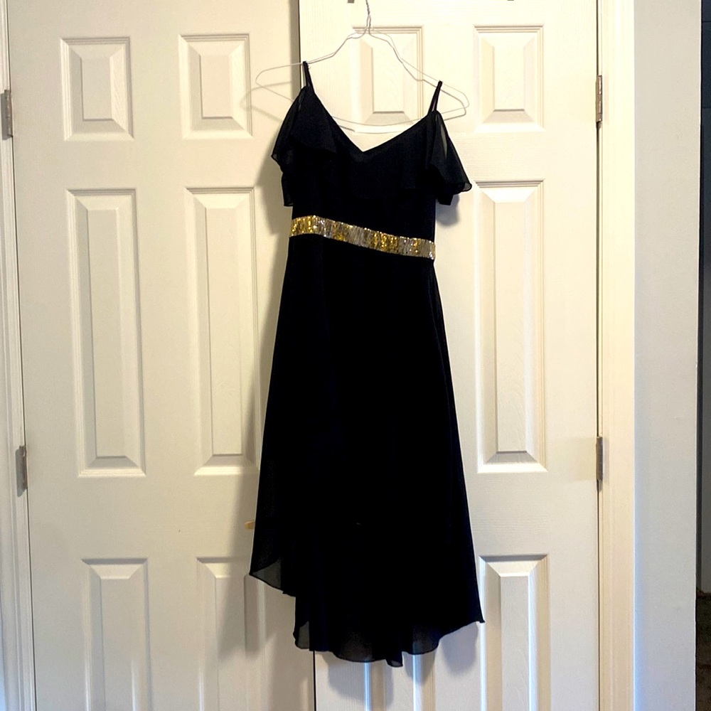 Zalful Hi-Low Black Spaghetti Strap Dress with Gold Sequined Belt